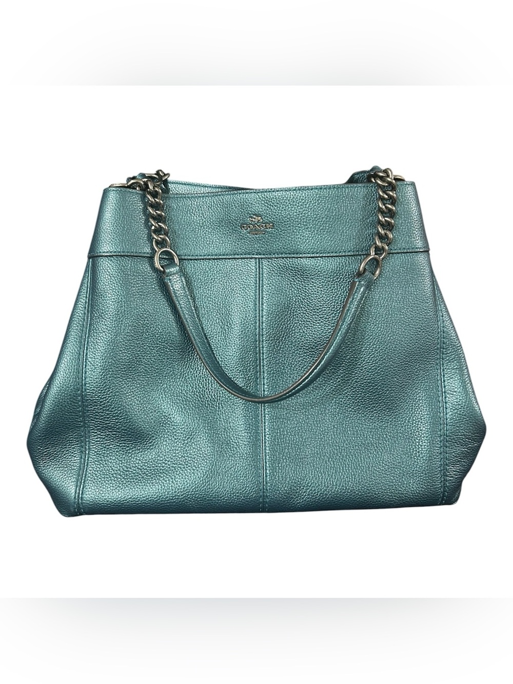 Coach Lexy Metallic Peacock Blue Teal Pebbled Leather Chain Shoulder Bag Purse